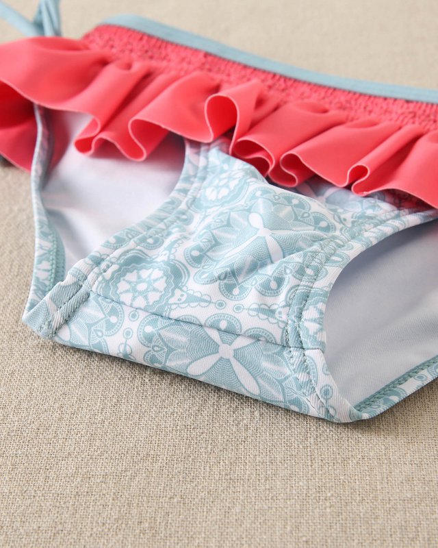 Baby Girls Retro Print Blue und Fuchsia Ruffle Strampler M191-23504032