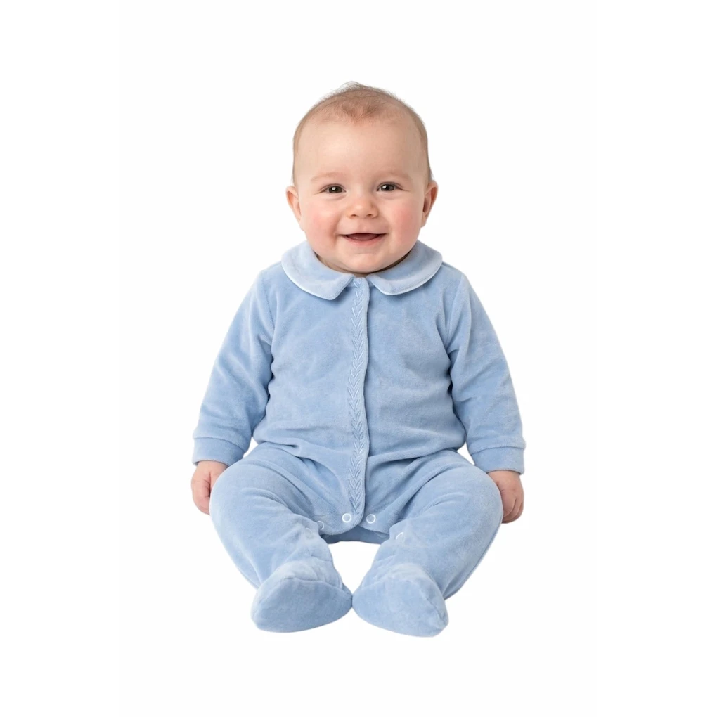 Baby velour sovedragt i blå med krave, dreng