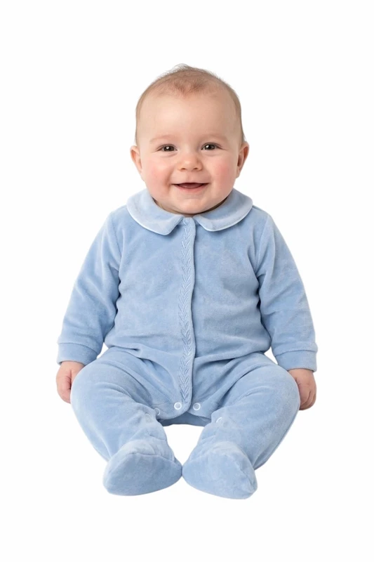 Baby velour sovedragt i blå med krave, dreng