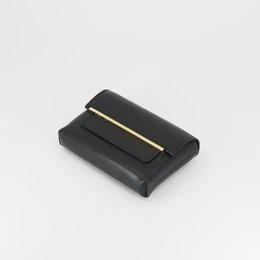 A small, rectangular black leather coin purse with a gold-colored metal accent.
