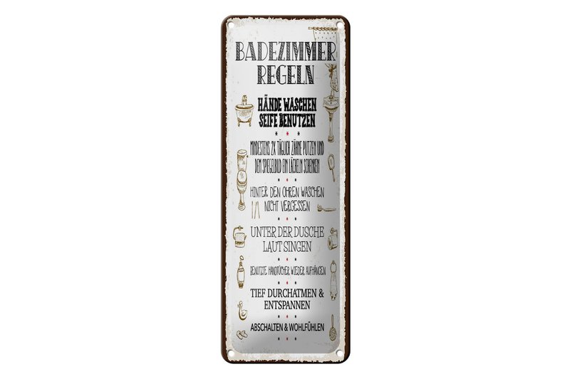 Blechschild Spruch 27x10 cm Badezimmer Regeln 7 Aufgaben Deko Schild