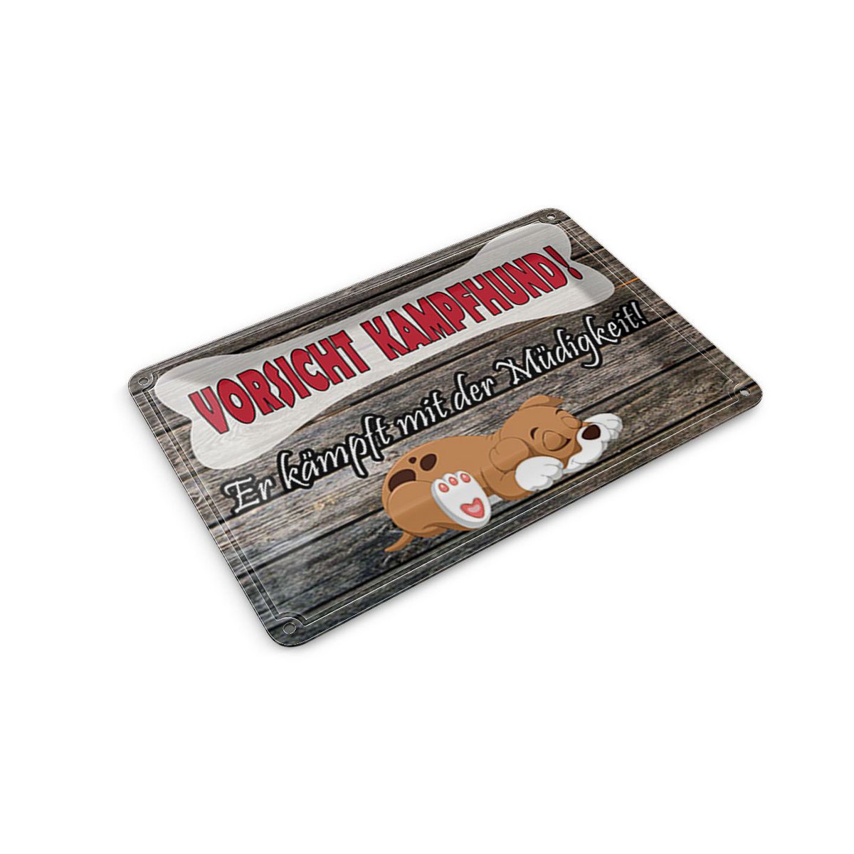 Blechpostkarte Hinweis 10x14 cm Vorsicht Kampfhund er kämpft mit der Müdigkeit