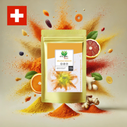 Blend Immunity is a meal supplement drink featuring a blend of natural ingredients including turmeric, ginger, and elderberry. The powder has a vibrant yellow color and can be mixed into beverages or added to smoothies.
