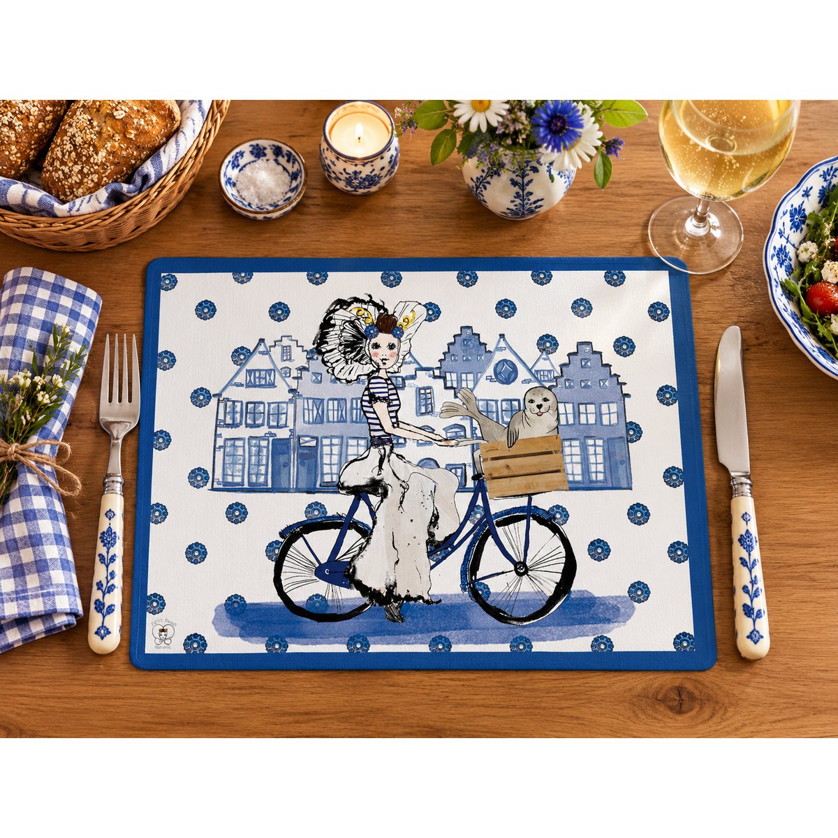 Zeeland souvenir | Delft Blue Zeeland Placemat – Zeeland Girl on Bicycle