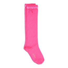 Vibrant neon pink knee-high socks for kids, available in sizes 23-26, 27-30, 31-34, and 35-38.
