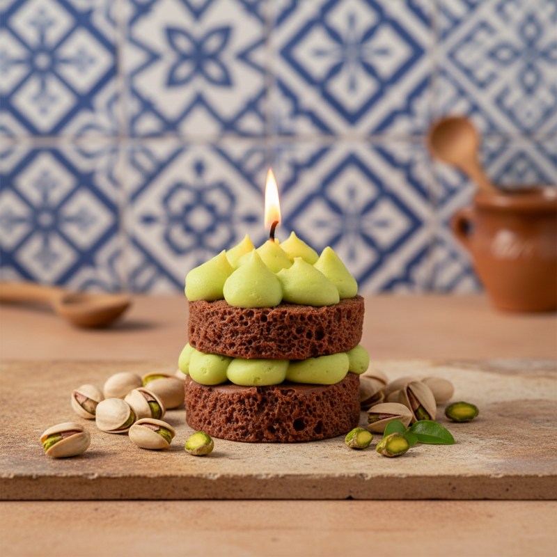 LAVURI DUBAI Chocolate cake candle, 100% handmade scented candle made from soy wax, pistachio cream look on a fluffy cake base