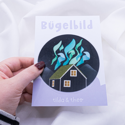 Bügelbild Nordlichter Island Haus Aufnäher Einzug - Geschenk Shirt verzieren Skandinavien