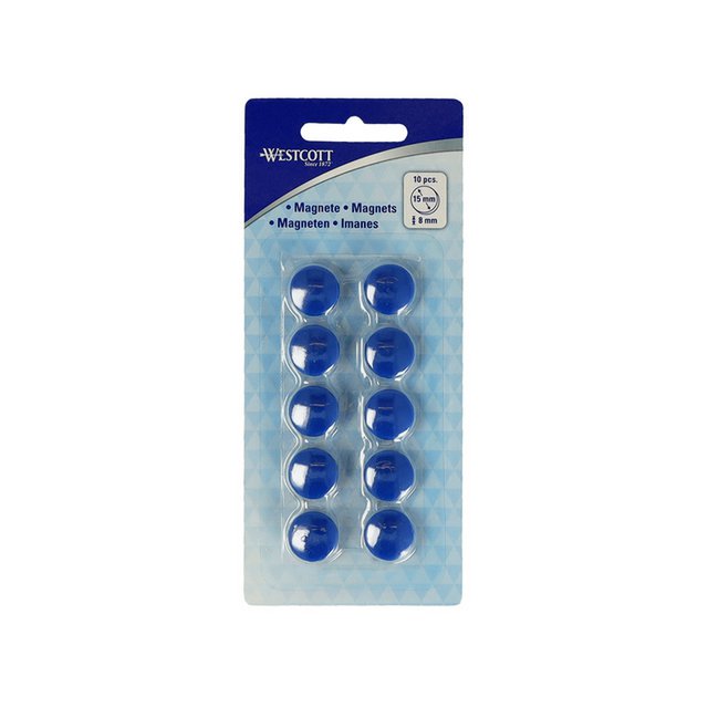 Magneet Westcott blauw pak à 10st. 15mmx8mm 100gr. cap: 3-4 vel 80gr. papier