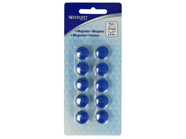 Magnet Westcott blau 10er Pack. 15mmx8mm 100gr. Kappe: 3-4 Blatt 80gr. Papier