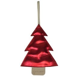 A red, shimmering Christmas tree ornament with a triangular shape and a wooden stem.