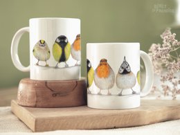 Ceramic mug featuring colorful European bird illustrations, including a robin, penguin, and other whimsical avian designs. Ideal for coffee, tea, or hot chocolate.