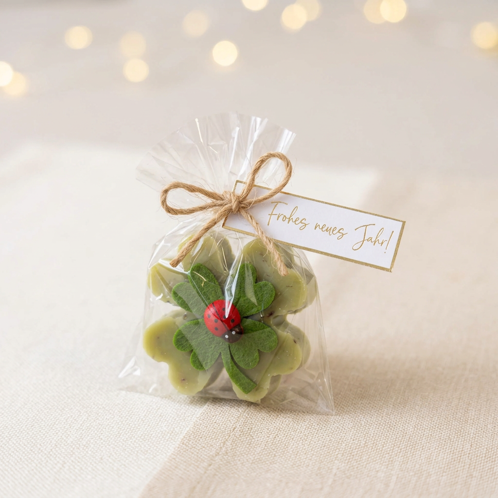 Silvester Glücksbringer Seife „Frohes neues Jahr“ – Kleeblatt | Gastgeschenk & Mitarbeitergeschenk 