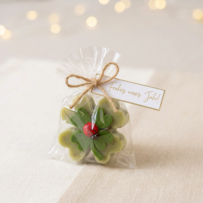 Silvester Glücksbringer Seife „Frohes neues Jahr“ – Kleeblatt | Gastgeschenk & Mitarbeitergeschenk 