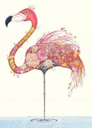 Vibrant, colorful flamingo illustration with intricate patterns and details. The flamingo has a long, curved neck and beak, and is standing on one leg. The image features a mix of pink, red, and yellow hues, creating a visually striking and eye-catching design.