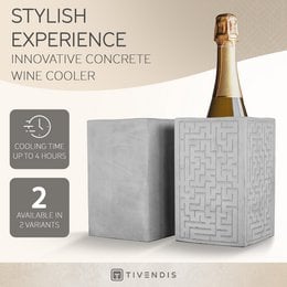 A concrete wine cooler with a furniture-friendly underside, suitable for chilling wine or sparkling wine bottles for hours.