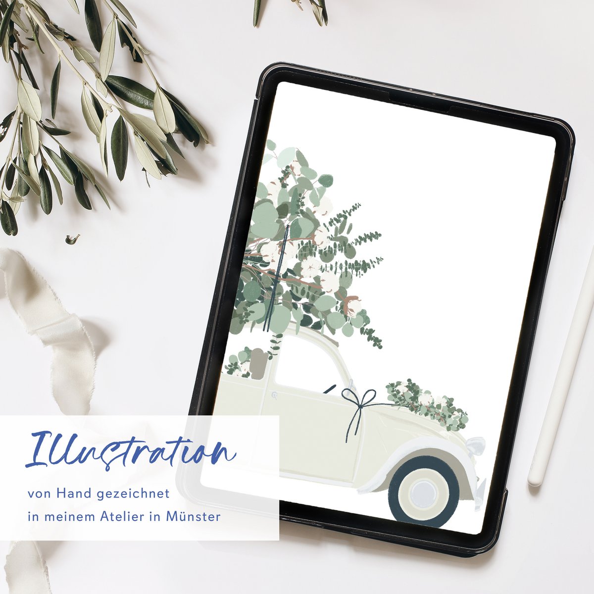 Klappkarte 'zur Hochzeit' mit crémefarbenem Auto und Eukalyptus, inkl. Umschlag