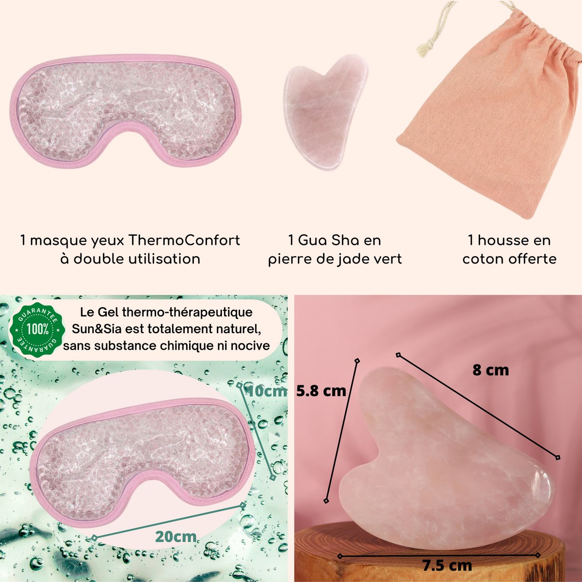 Maska na oczy ThermoConfort i zestaw Gua Sha z kwarcu różowego – Termoterapia – Niezbędne akcesoria kosmetyczne – Kamień naturalny – Narzędzie do liftingu