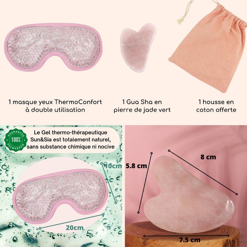ThermoConfort Eye Mask og Rose Quartz Gua Sha Kit – Termoterapi – Essential Beauty Accessories – Natural Stone – Lifting Tool