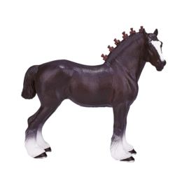 A large, dark-colored Shire horse toy with a distinctive mane and hooves.