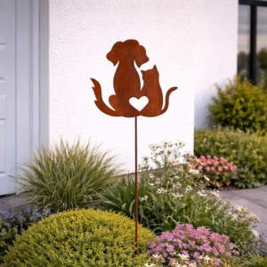 Garden stake Dog Cat Love made of patina in Corten steel look