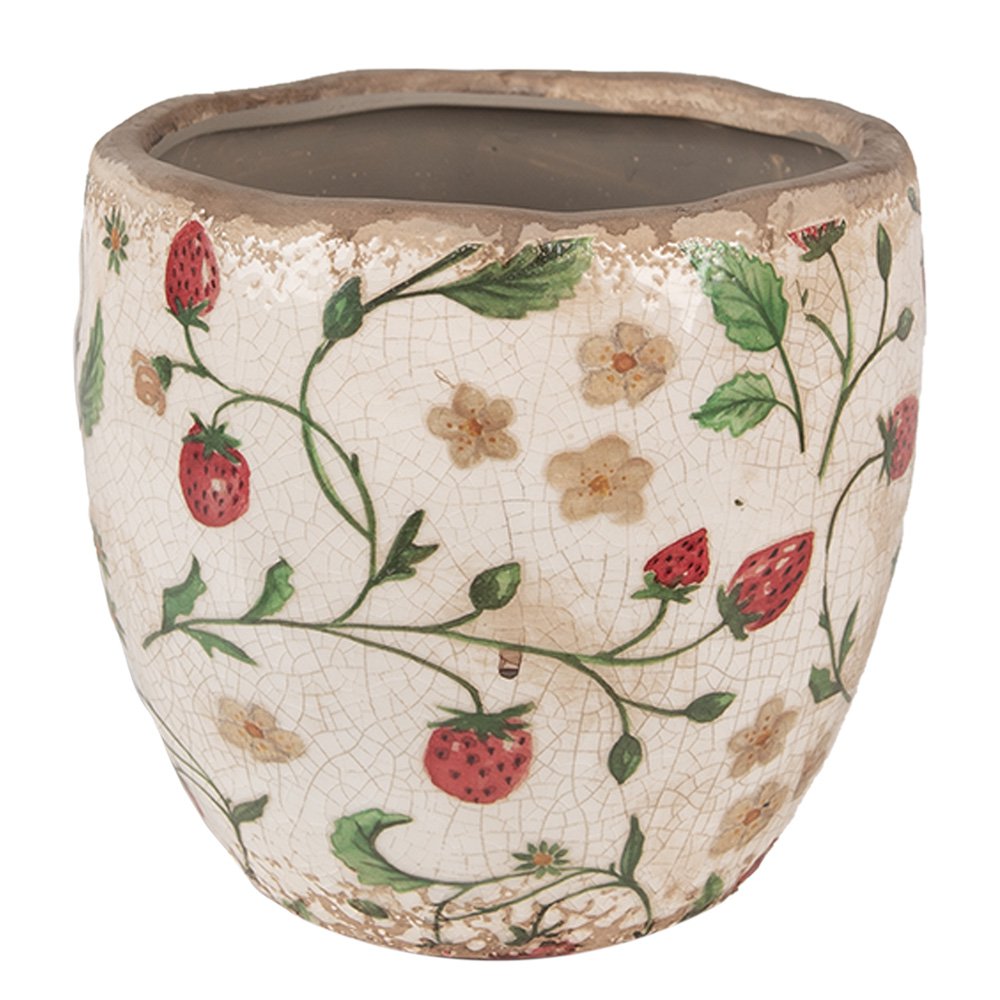 Bloempot Ø 14x14 cm Beige Rood Keramiek Aardbeien Bloempot Binnen