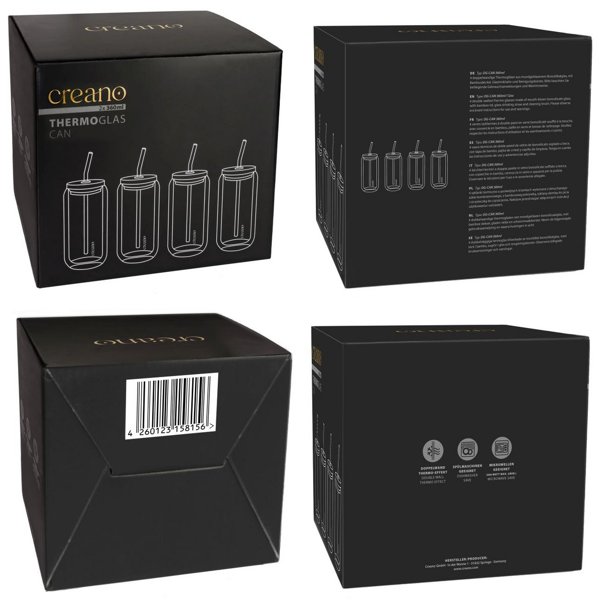 Creano Trinkglas 360ml Deckel Strohhalm 4er-Set