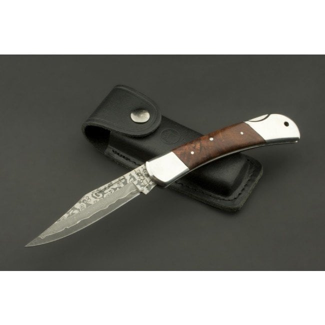 IZUMI ICHIAGO Big Fox Folder, navaja de bolsillo fabricada en acero japonés VG-10 Damasco con funda de piel