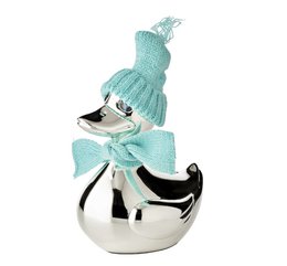 EDZARD money box duck, silver-plated, tarnish-resistant, height 13 cm, with scarf & hat in pink and light blue