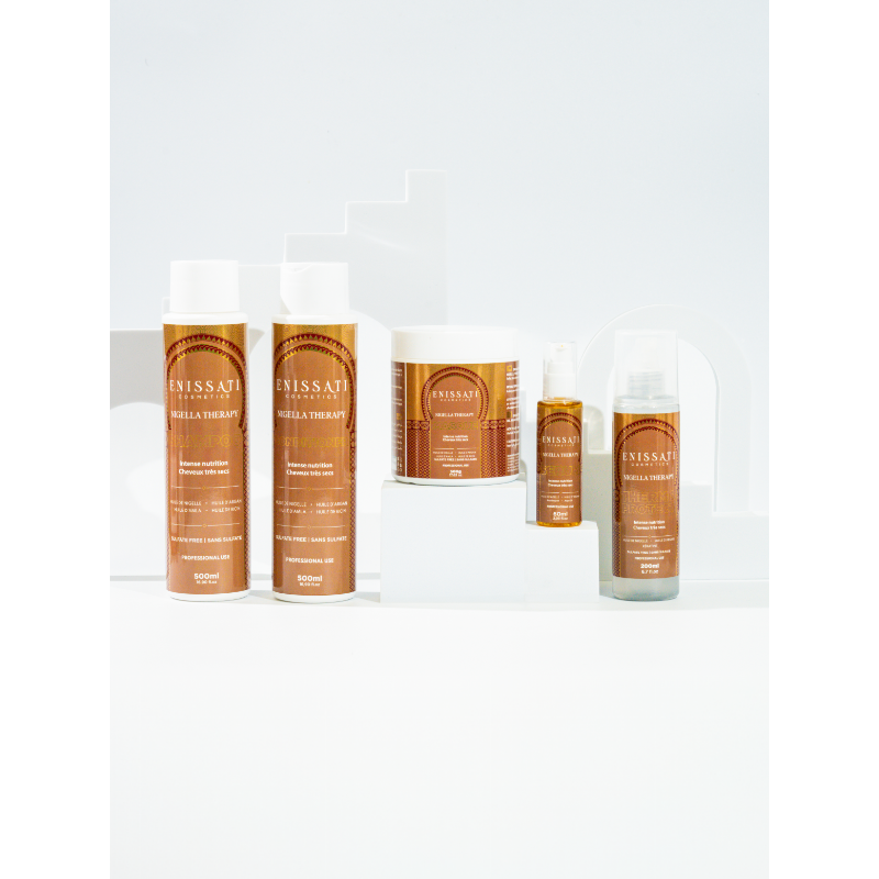 Komplet udvalg af sulfatfri hårpleje til meget tørt hår: Nigella Therapy - Shampoo, maske, balsam, termisk beskyttelsesmiddel og serum