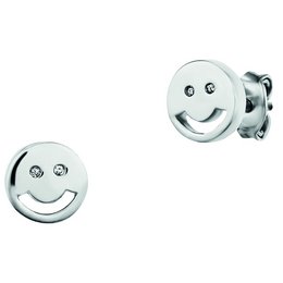Rhodium-plated 925 sterling silver stud earrings with a smiley face design. The earrings feature a simple, playful style that can be worn for casual or dressy occasions.