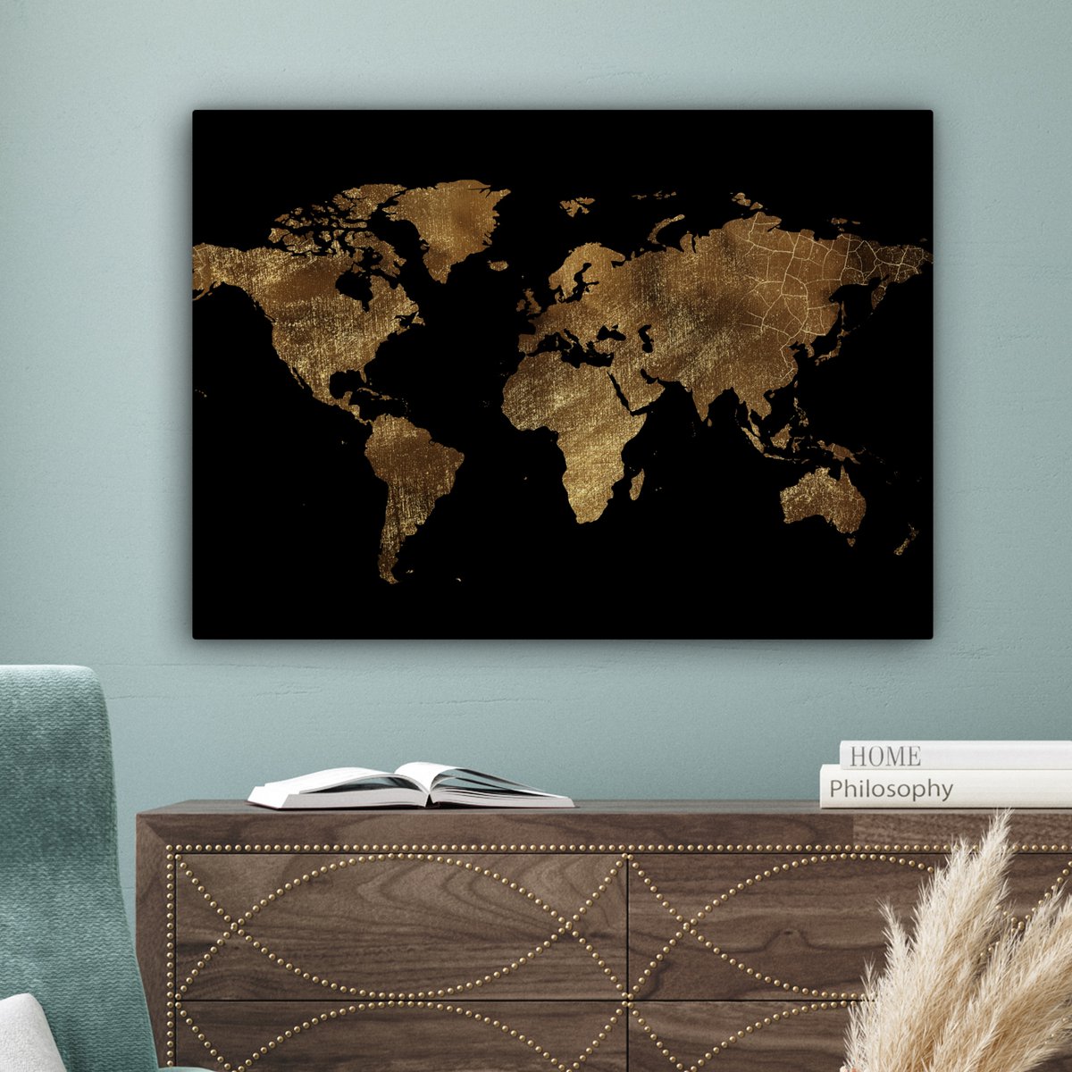 Canvas schilderij  - Wanddecoratie - Wereldkaart - Goud - Luxe - Aarde - Zwart