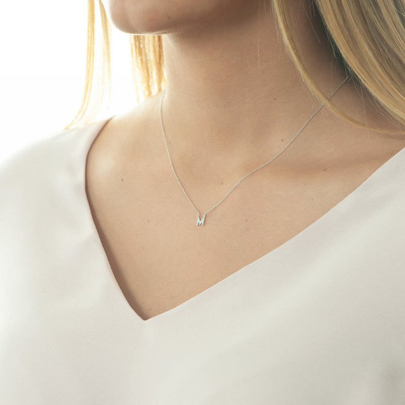 Necklace Letter "M", 14K white gold with diamonds