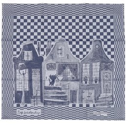 "Tea towel featuring a charming illustration of houses on a canal, with the text 'Fiep Westendorp | Pim&Pom on the canal'. The towel is made of cotton and has a checkered border design."
