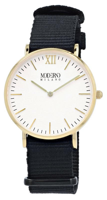 Moderno Milano stainless steel women's watch 36.5 mm, sapphire crystal & nylon NATO strap (black), gold-colored