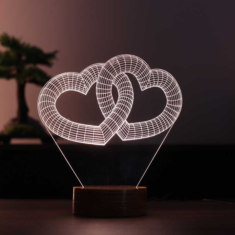 3D Two Hearts Gift Led Lamp | Wood