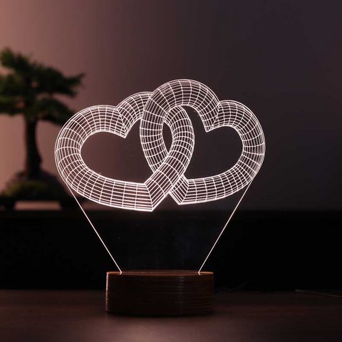 3D Two Hearts Gift Led Lamp | Wood