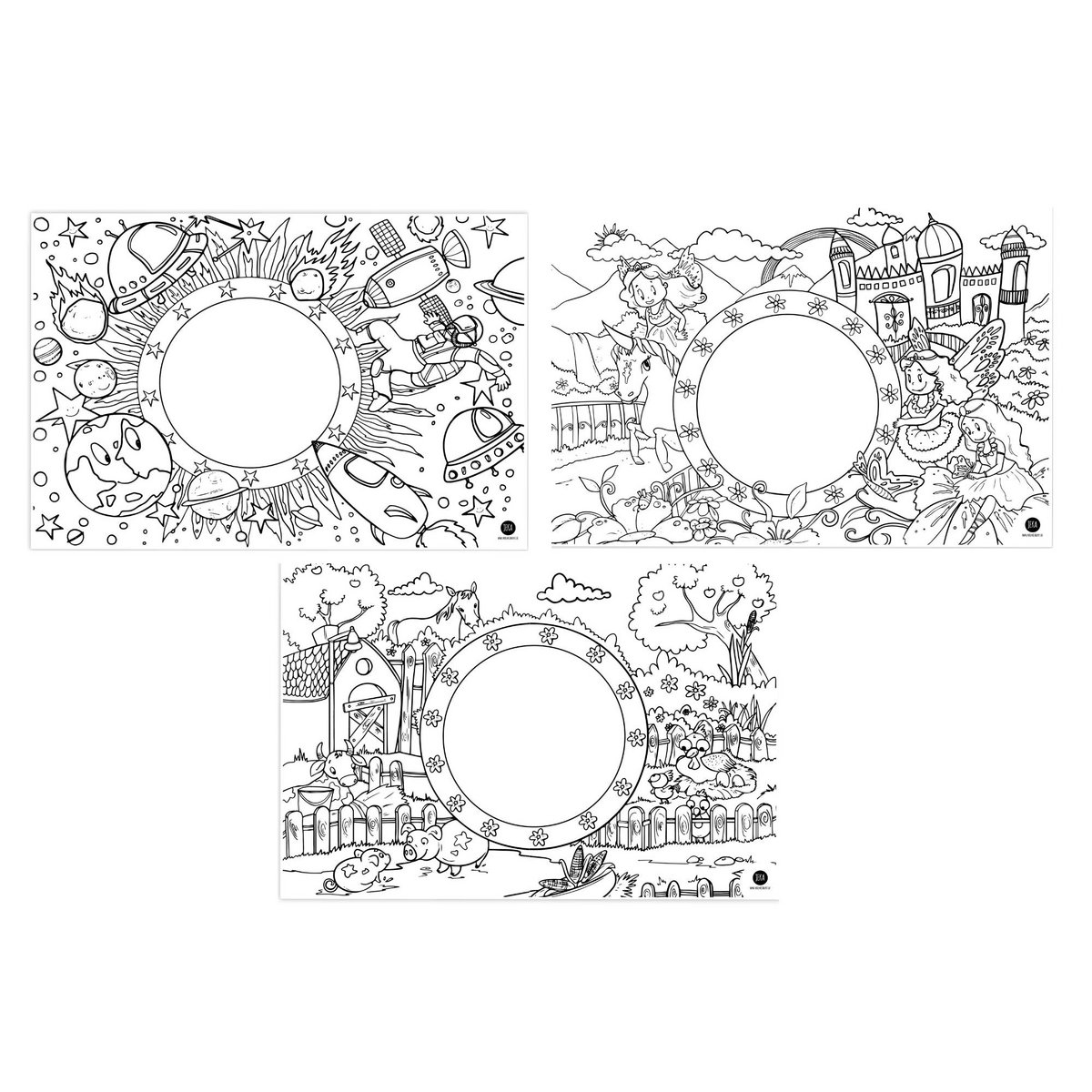 12 placemats om motiefmix fantasie, boerderij, ruimte in te kleuren