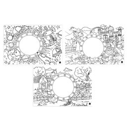 12 placemats om motiefmix fantasie, boerderij, ruimte in te kleuren