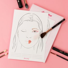 The product is a Boozyshop FaceCharts Workbook with 50 pieces, categorized as a DIY Craft Kit. The image shows a sketch of a woman's face, suggesting the product is likely related to makeup or beauty.