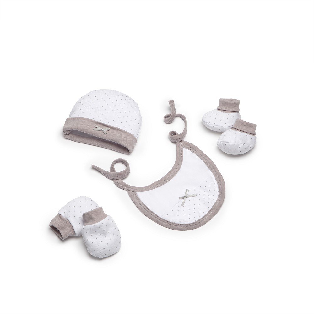 SET 4 STUKS (MUTS+HANDSCHOENEN+SLABBER+SOKKEN) VOOR NIEUWBORGEN (0-6 MAANDEN) - 100% KATOEN - MOD. BEIGE