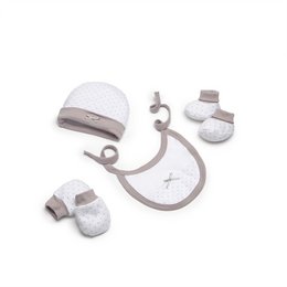 ENSEMBLE 4 PIÈCES (CHAPEAU+GANTS+BAVOIR+CHAUSSETTES) POUR NOUVEAU-NÉ (0-6 MOIS) - 100% COTON - MOD. BEIGE