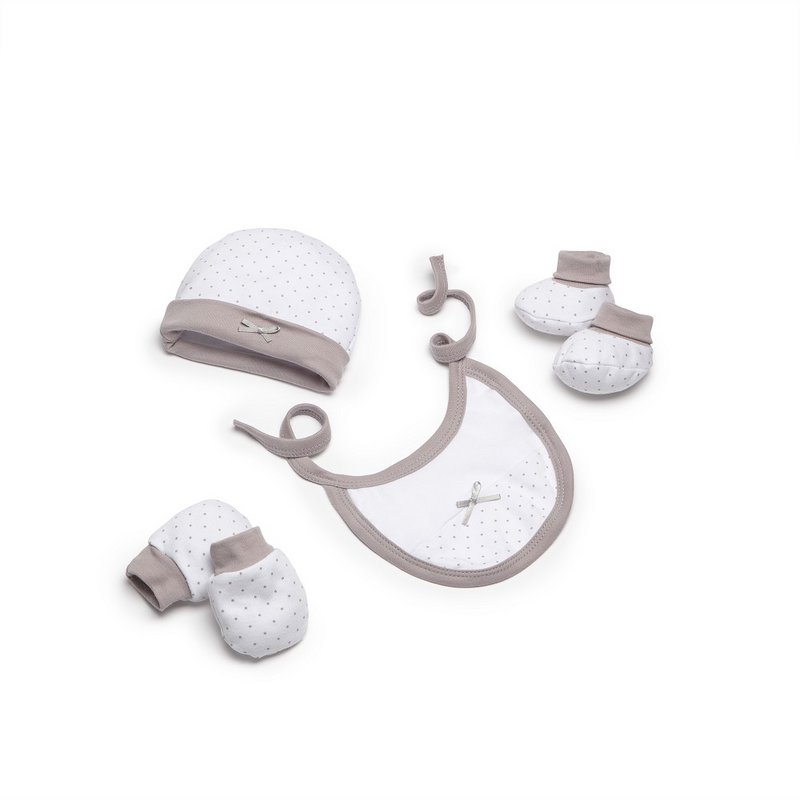 ENSEMBLE 4 PIÈCES (CHAPEAU+GANTS+BAVOIR+CHAUSSETTES) POUR NOUVEAU-NÉ (0-6 MOIS) - 100% COTON - MOD. BEIGE