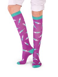  "Purple and green compression socks with a pattern of lightning bolts. Suitable for everyday wear or athletic activities."