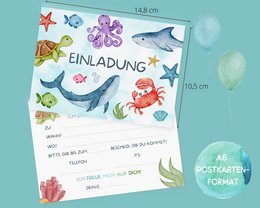 Set di biglietti d'invito subacquei da compilare comprensivi di buste per le feste di compleanno dei bambini squalo o le feste delle sirene