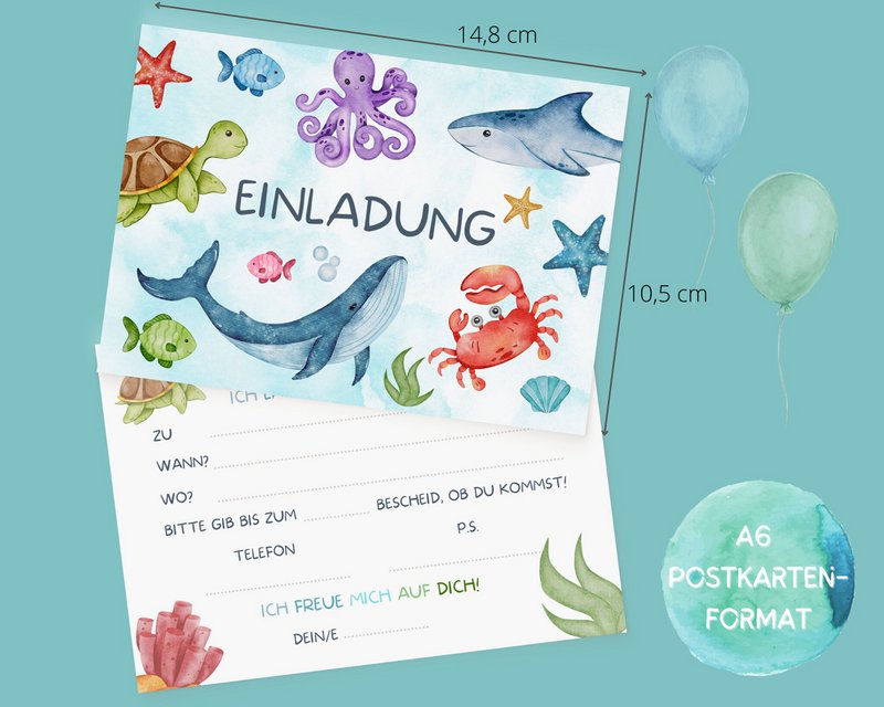 Underwater invitation card set to fill out including envelopes for shark children's birthday parties or mermaid parties