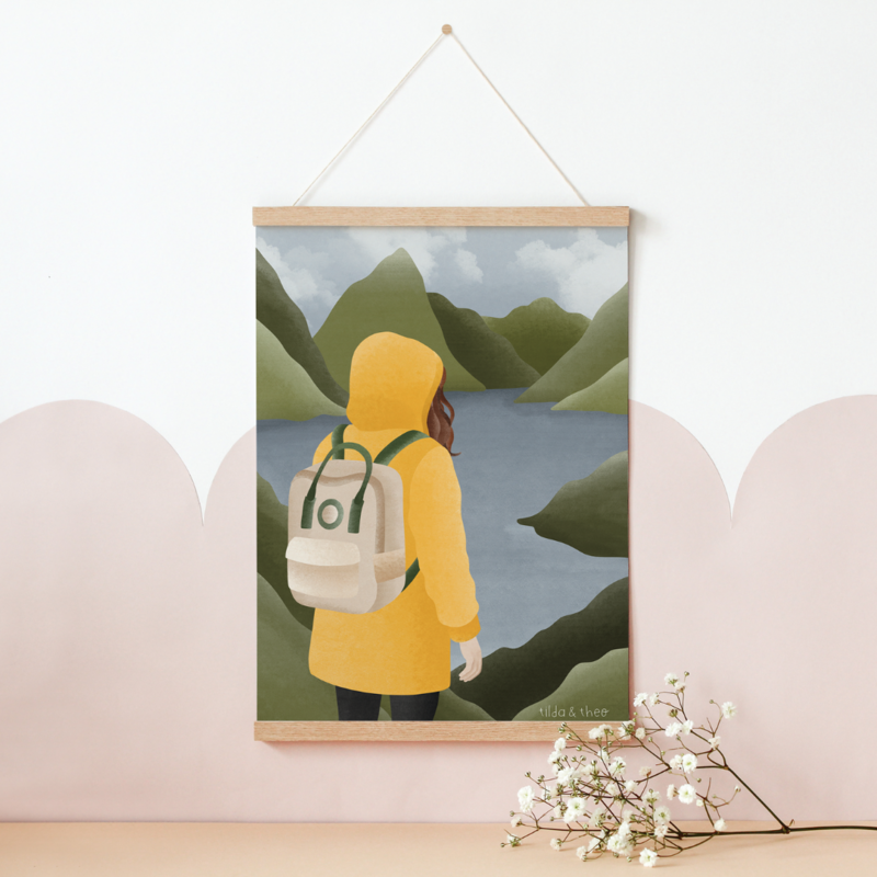 Poster norway fjorden woman in yellow rain jacket - hiking trip Scandinavia - Norwegian mountains