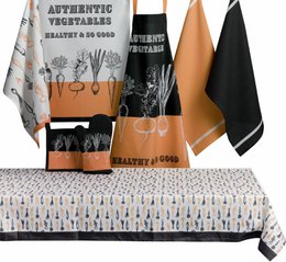 Authentic vegetable-printed apron in a healthy and good design, featuring a stylized vegetable pattern in shades of orange and black.