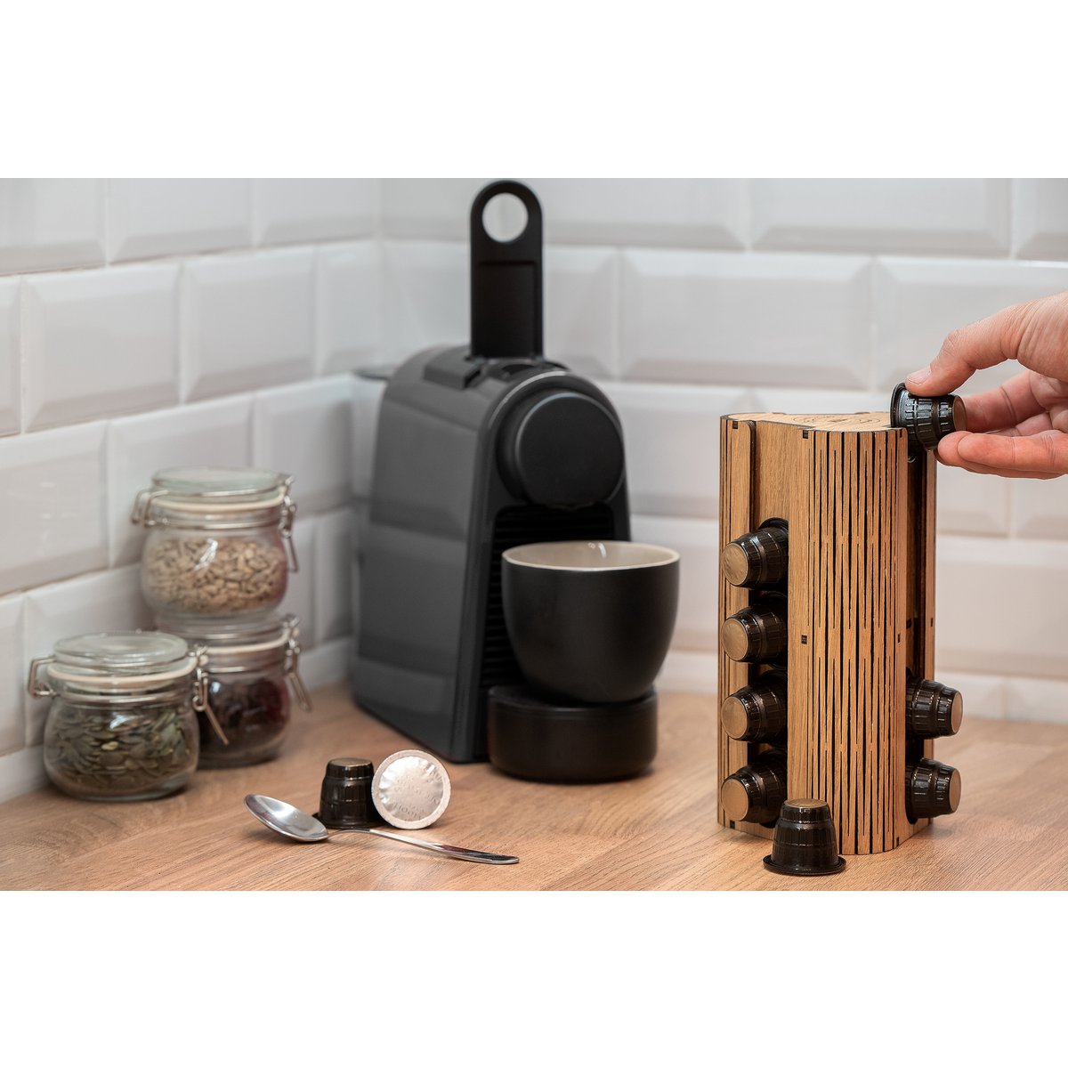 Portacápsulas de café artesanal Krea-Wood para cápsulas compatibles con Nespresso, en color natural