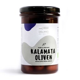 Kalamata organic olives, 314 gr jar. Dark green, pitted olives in a glass jar. Organic, high quality olives with a rich, savory flavor.