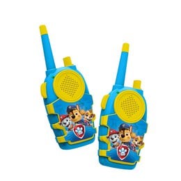 Paw Patrol walkie talkie set, blue and yellow in color, with characters from the Paw Patrol TV show printed on the devices.